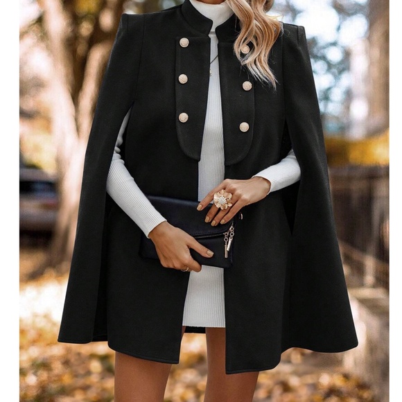 Classic Button Detail Open Front Cape Cloak Coat Jacket - Picture 2 of 5